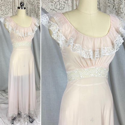 Vintage 1950's Nightgown | Semi-Sheer Powder Pink Nylon with White Ruffled Tulle | Size XS, S | Lady Duff