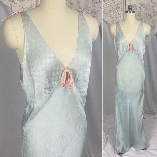Vintage 1930's Nightgown | Dusty Blue Silk with Diamond Satin Damask Print & Pink Silk Bow | Size M, LG