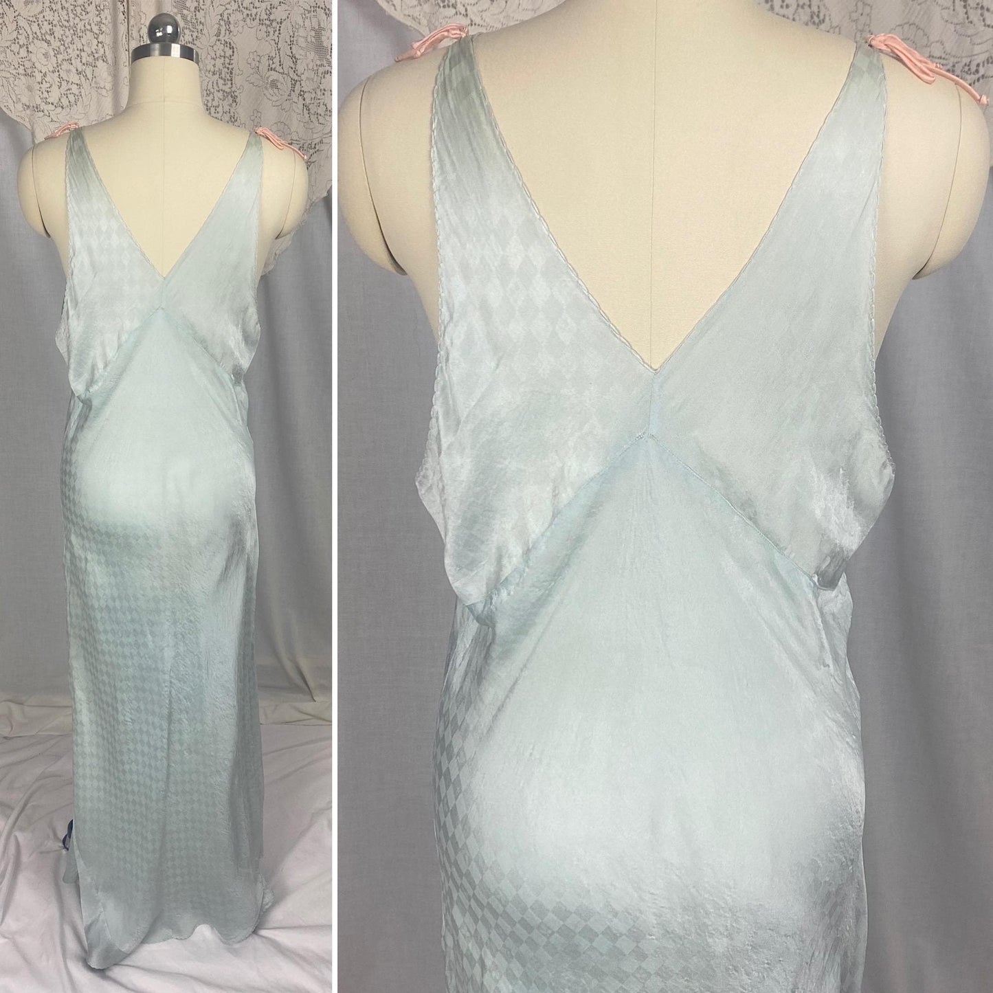 Vintage 1930's Nightgown | Dusty Blue Silk with Diamond Satin Damask Print & Pink Silk Bow | Size M, LG