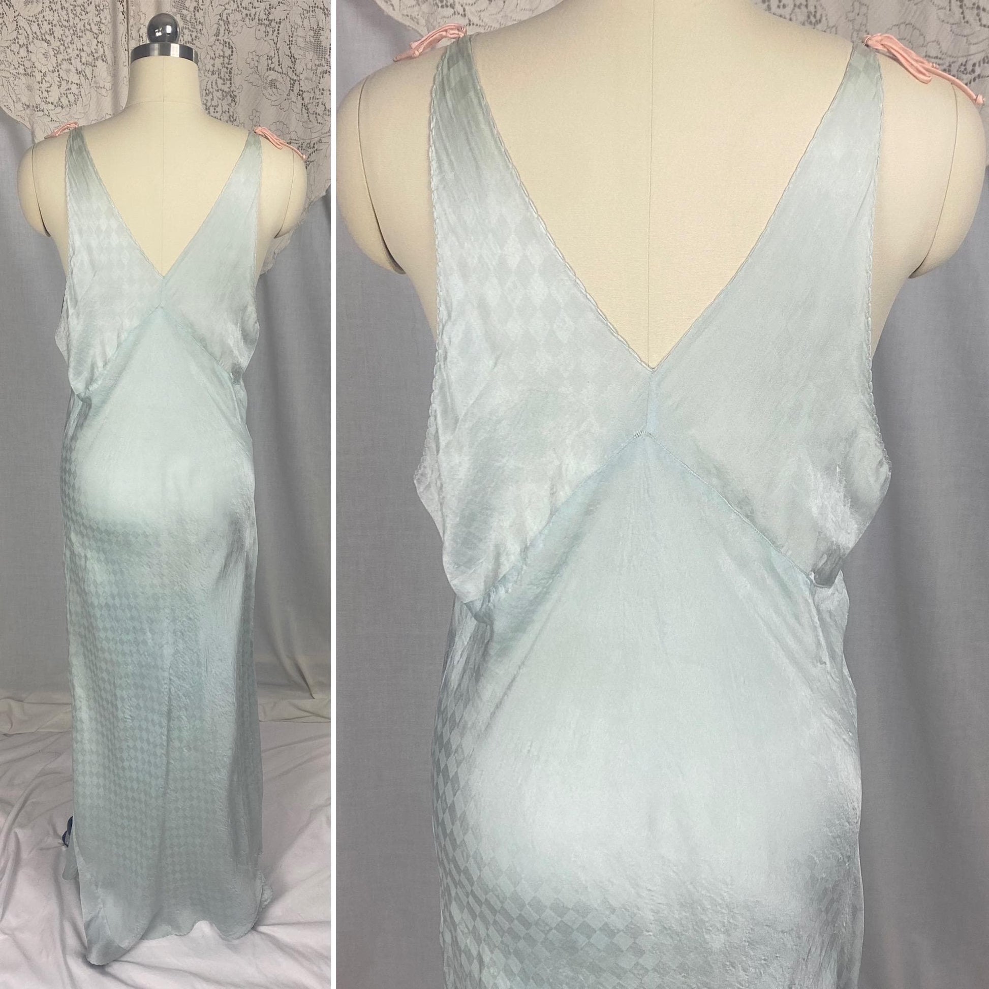 Vintage 1930's Nightgown | Dusty Blue Silk with Diamond Satin Damask Print & Pink Silk Bow | Size M, LG
