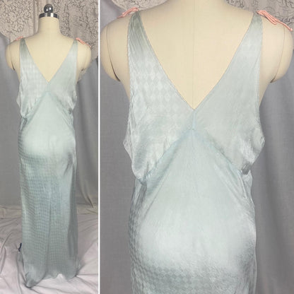 Vintage 1930's Nightgown | Dusty Blue Silk with Diamond Satin Damask Print & Pink Silk Bow | Size M, LG