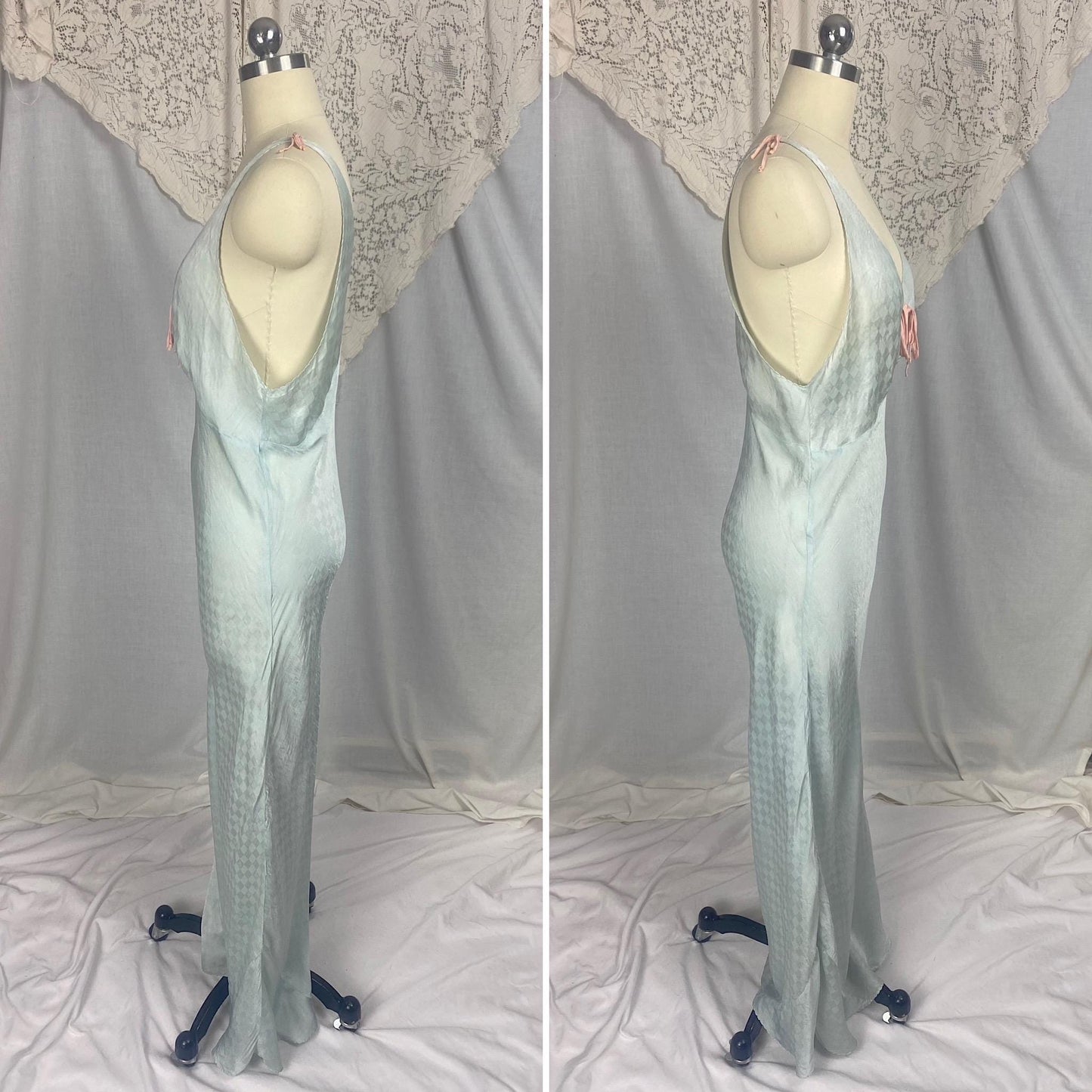 Vintage 1930's Nightgown | Dusty Blue Silk with Diamond Satin Damask Print & Pink Silk Bow | Size M, LG