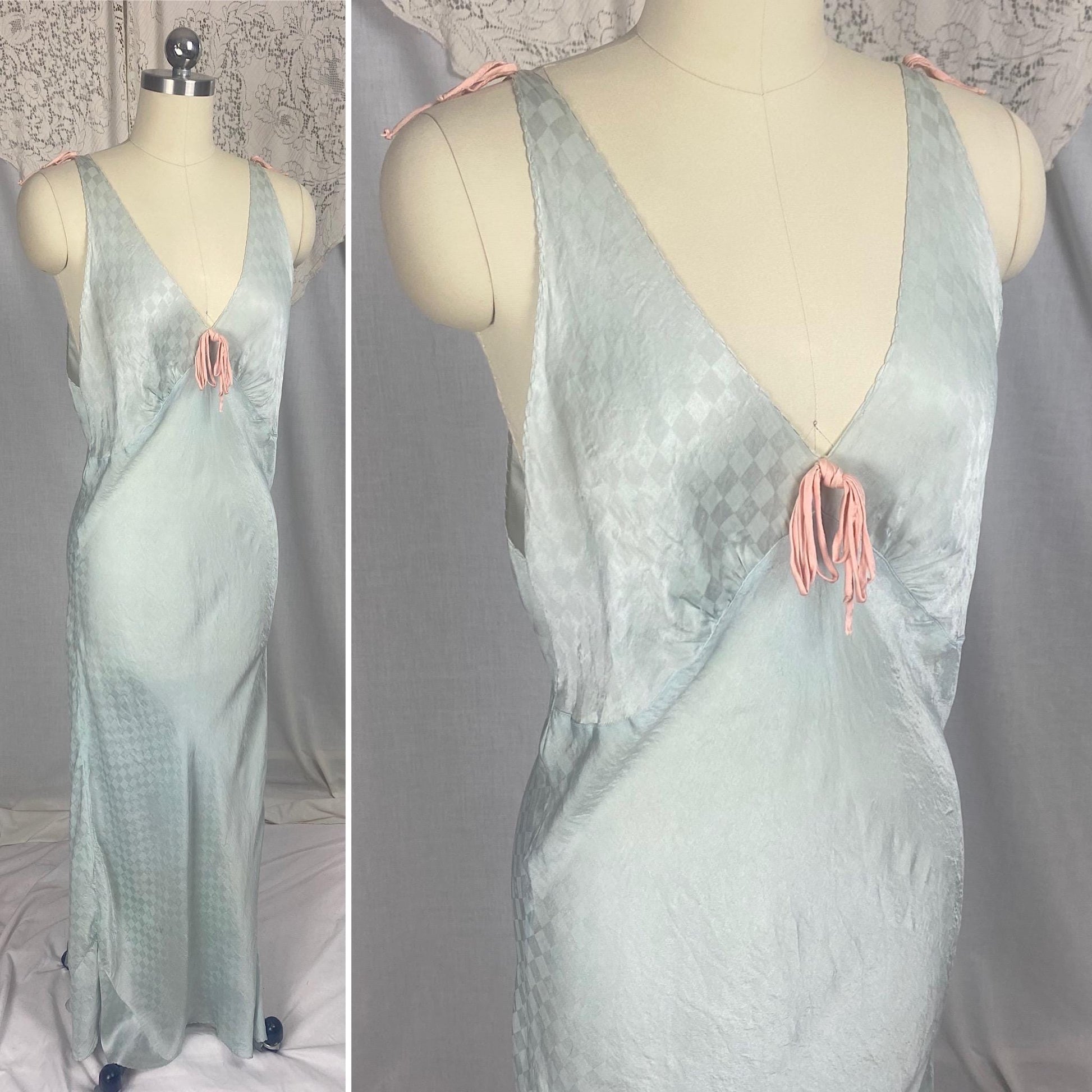 Vintage 1930's Nightgown | Dusty Blue Silk with Diamond Satin Damask Print & Pink Silk Bow | Size M, LG
