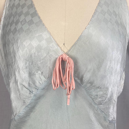 Vintage 1930's Nightgown | Dusty Blue Silk with Diamond Satin Damask Print & Pink Silk Bow | Size M, LG