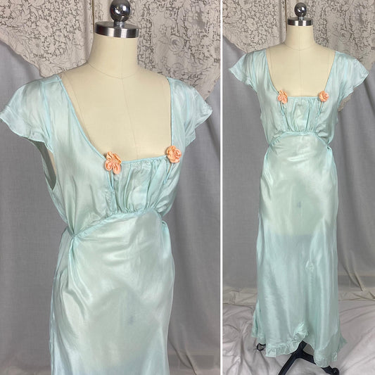 Vintage 1930's - 1940's Nightgown | Sky Blue Silk with Coral Pink Rosettes & Ruffled Hem | Size M, LG