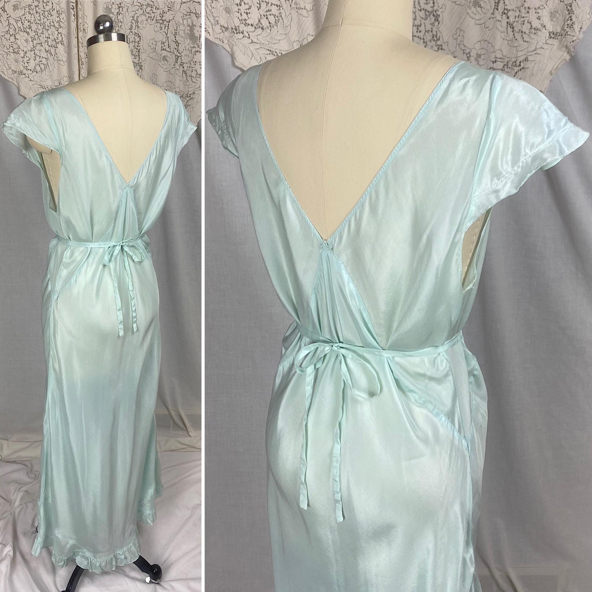 Vintage 1930's - 1940's Nightgown | Sky Blue Silk with Coral Pink Rosettes & Ruffled Hem | Size M, LG
