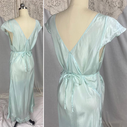 Vintage 1930's - 1940's Nightgown | Sky Blue Silk with Coral Pink Rosettes & Ruffled Hem | Size M, LG