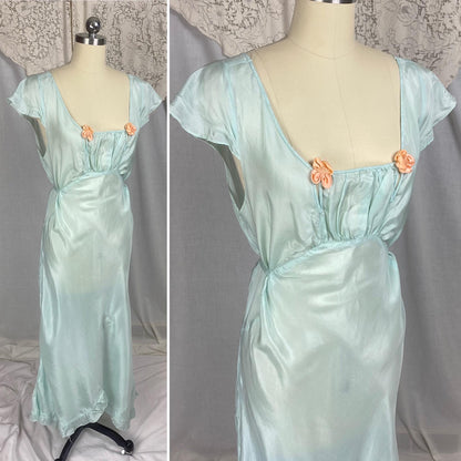 Vintage 1930's - 1940's Nightgown | Sky Blue Silk with Coral Pink Rosettes & Ruffled Hem | Size M, LG