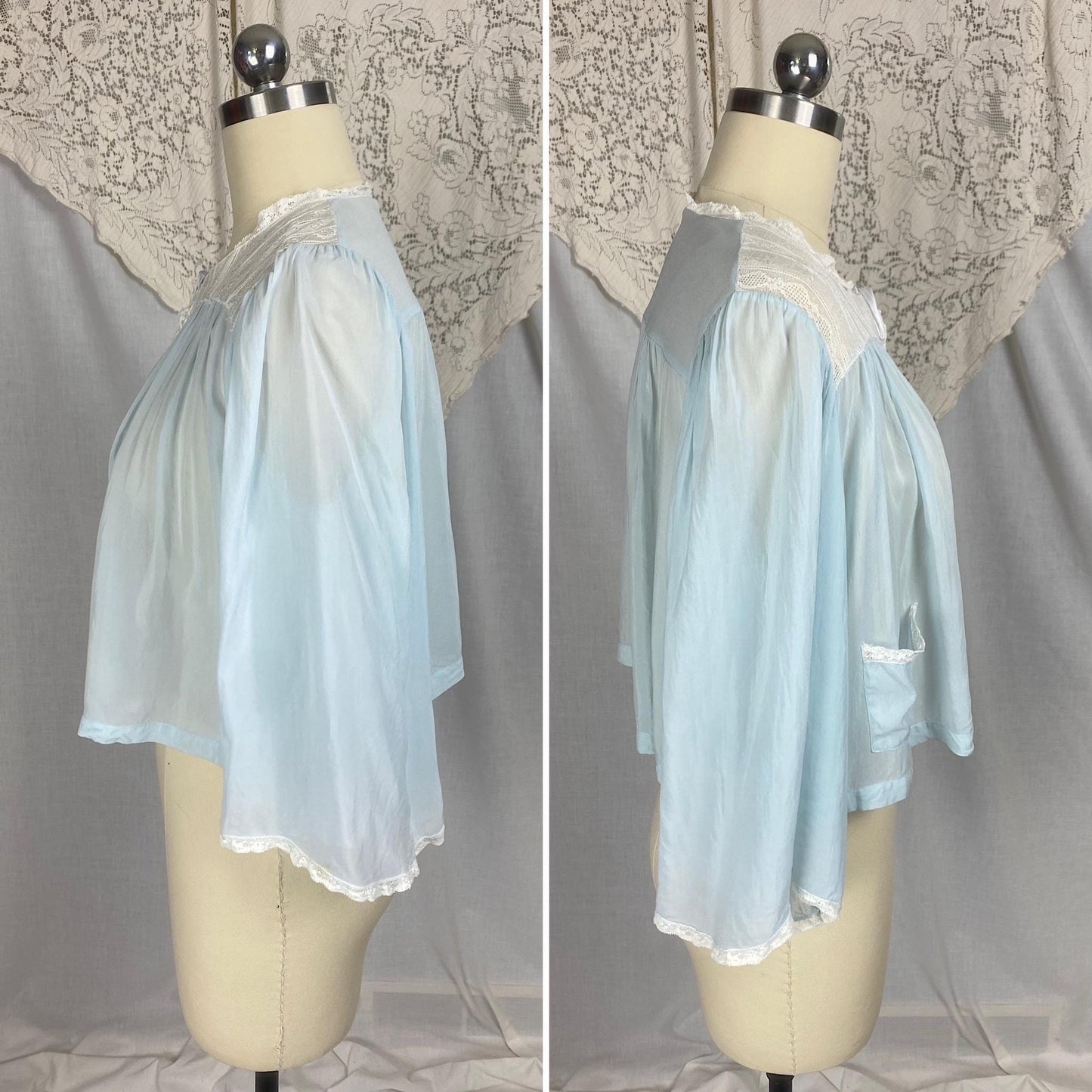 Vintage 1940's - 1950's Bed Jacket | Sheer Baby Blue Rayon Chiffon with White Lace & Wide Belled Sleeves | Size S, M | Wonder Maid
