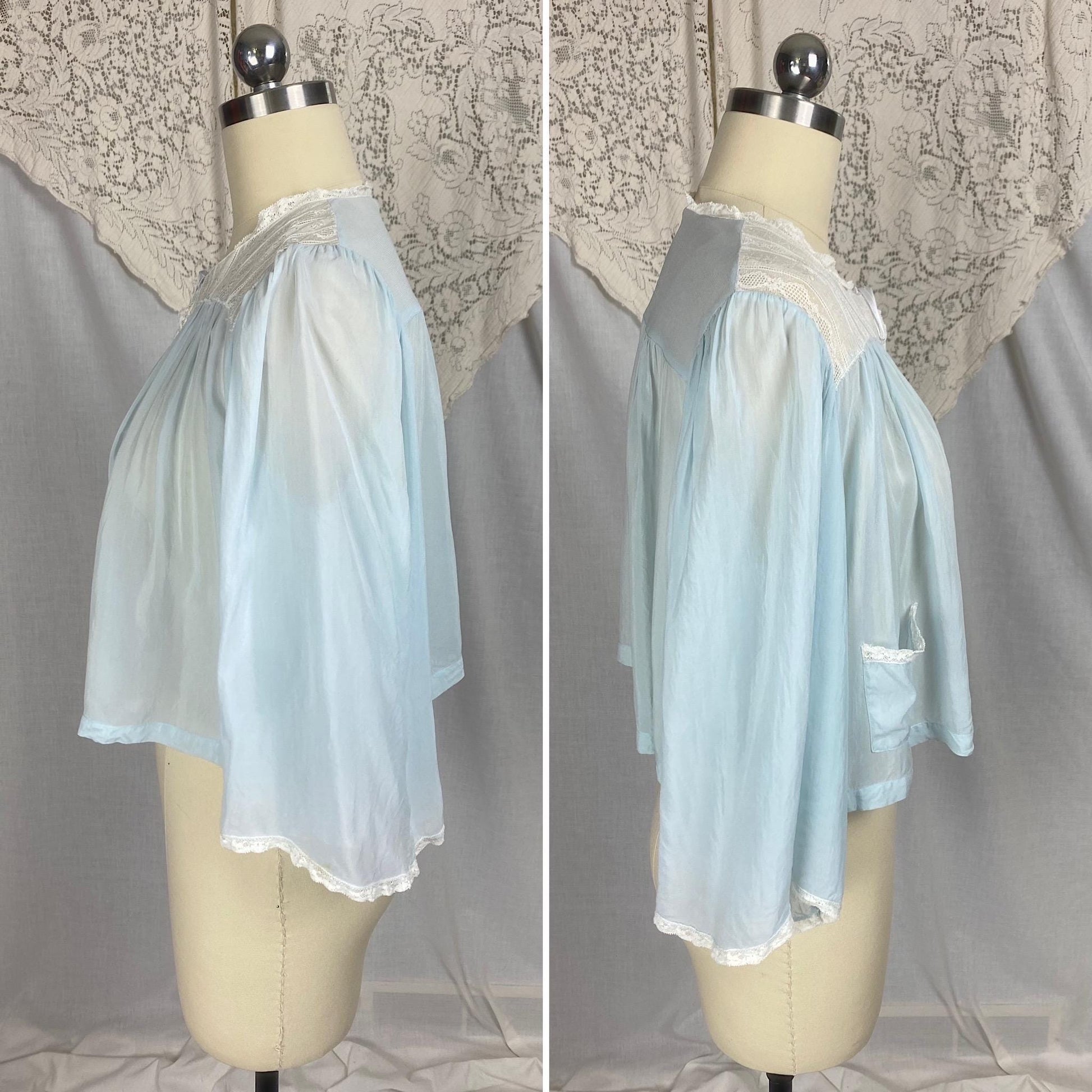 Vintage 1940's - 1950's Bed Jacket | Sheer Baby Blue Rayon Chiffon with White Lace & Wide Belled Sleeves | Size S, M | Wonder Maid