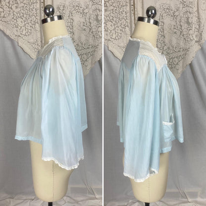Vintage 1940's - 1950's Bed Jacket | Sheer Baby Blue Rayon Chiffon with White Lace & Wide Belled Sleeves | Size S, M | Wonder Maid