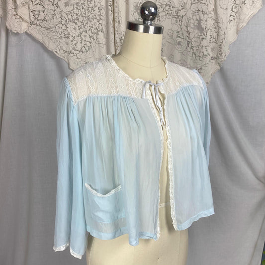 Vintage 1940's - 1950's Bed Jacket | Sheer Baby Blue Rayon Chiffon with White Lace & Wide Belled Sleeves | Size S, M | Wonder Maid