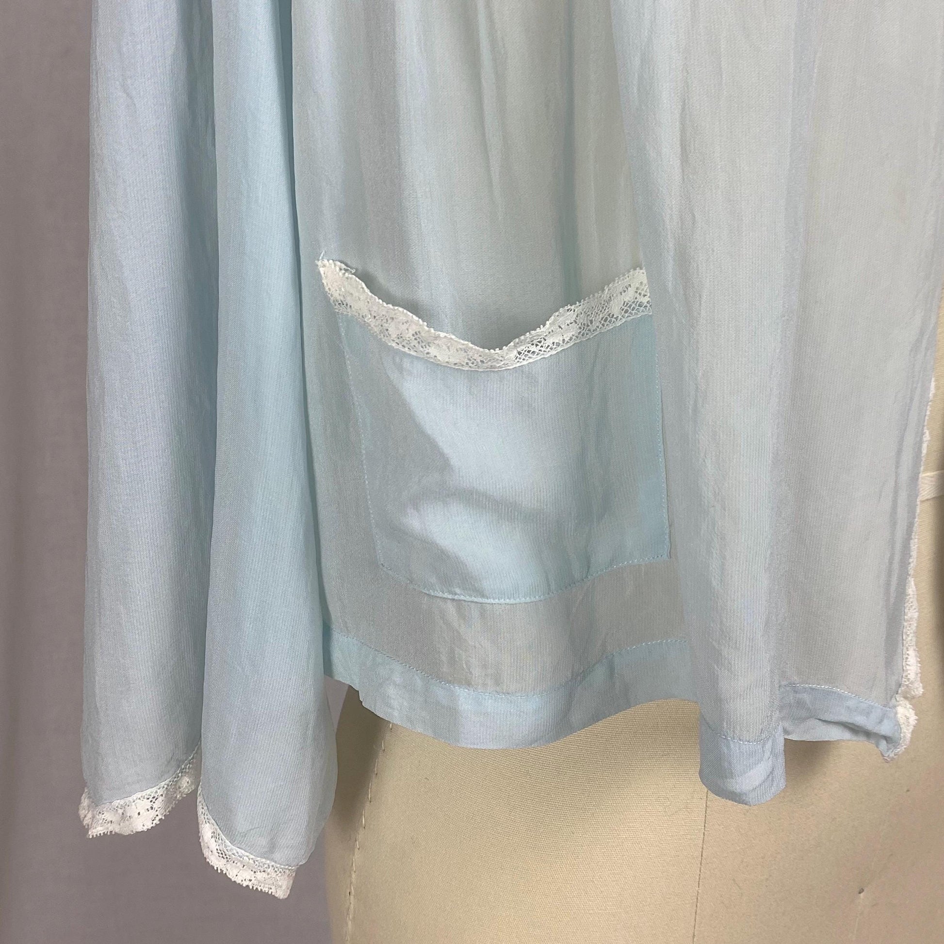 Vintage 1940's - 1950's Bed Jacket | Sheer Baby Blue Rayon Chiffon with White Lace & Wide Belled Sleeves | Size S, M | Wonder Maid