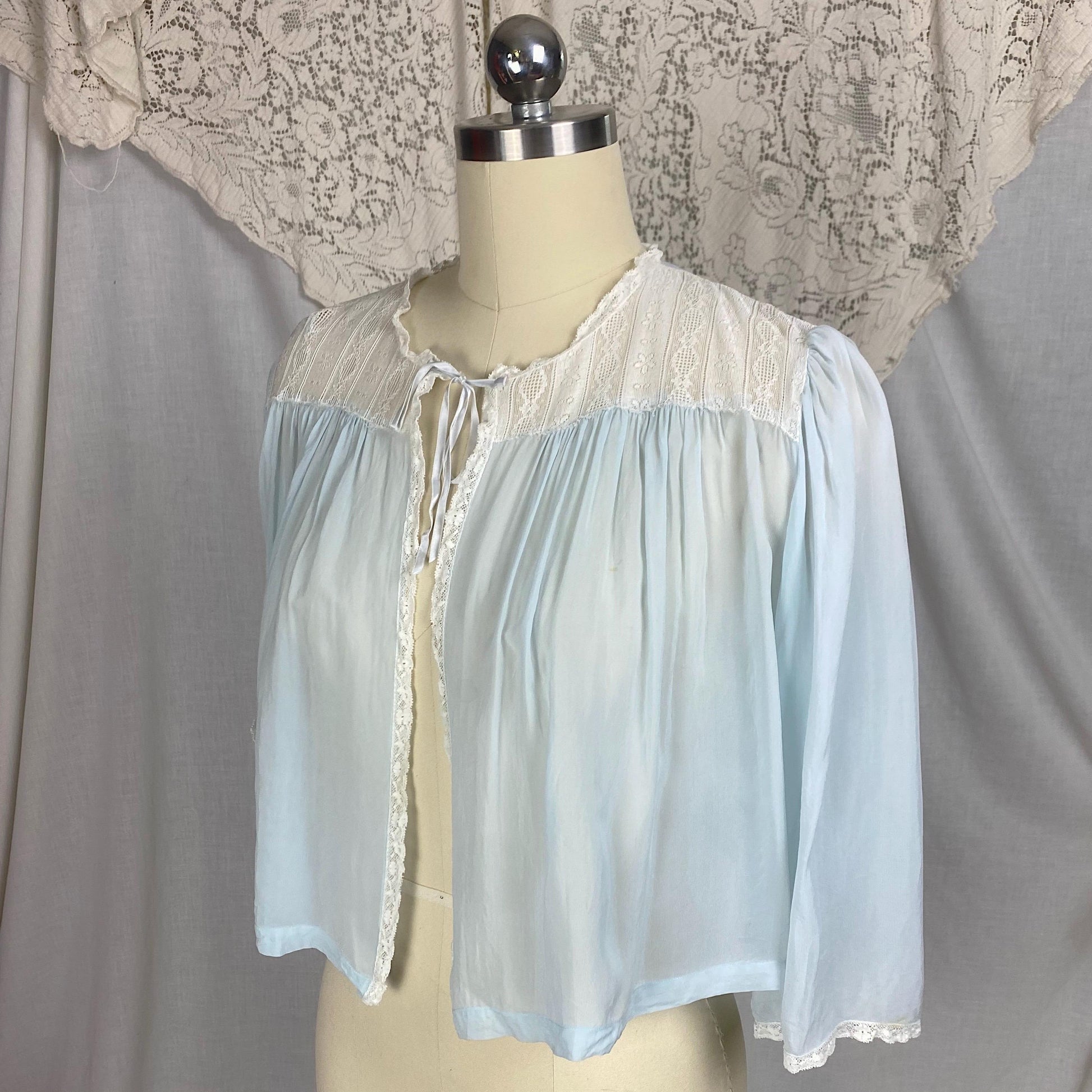 Vintage 1940's - 1950's Bed Jacket | Sheer Baby Blue Rayon Chiffon with White Lace & Wide Belled Sleeves | Size S, M | Wonder Maid