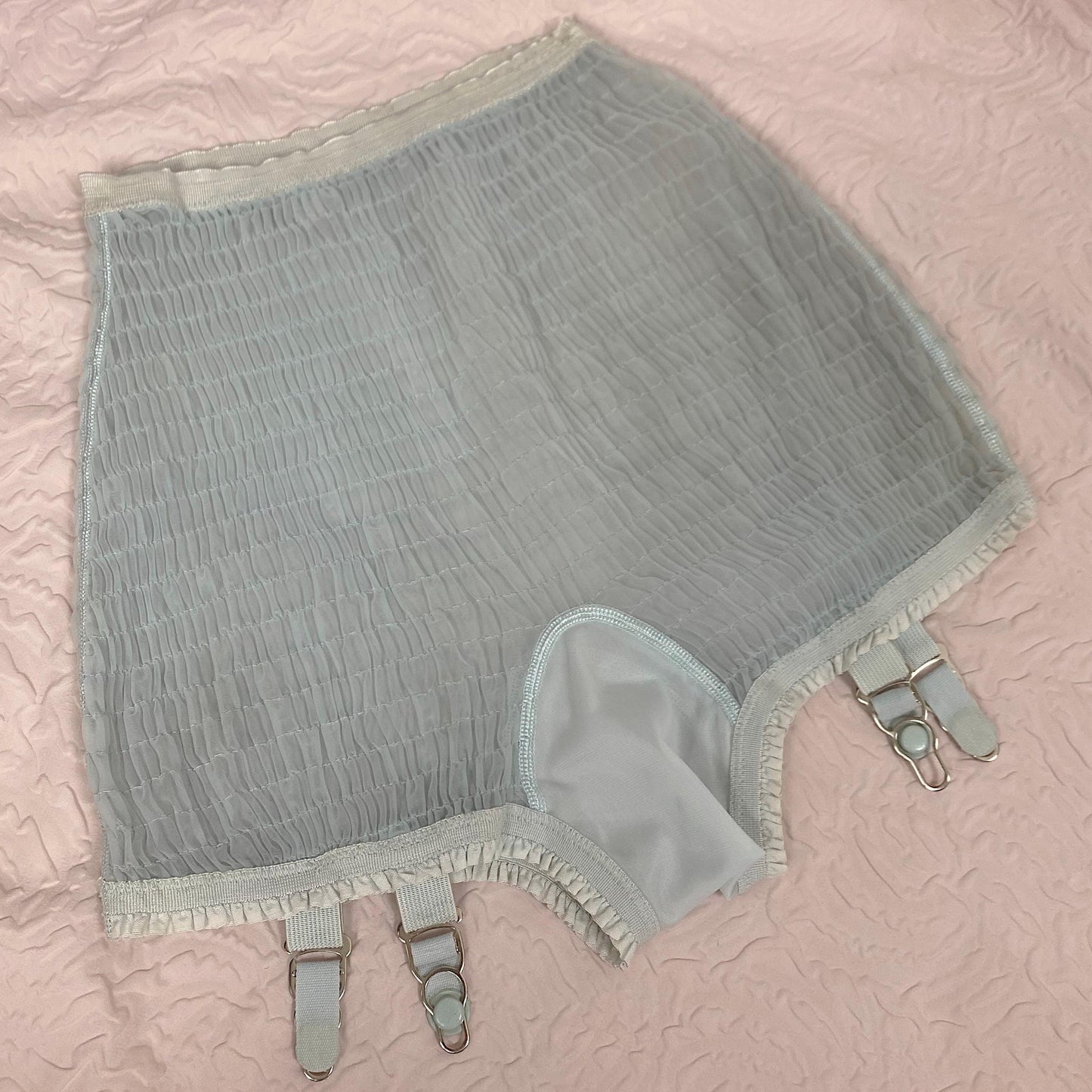 Vintage 1950's Garter Panties | Sheer Baby Blue Nylon Chiffon with Shirring Detail & Detachable Garters | Size S | Pangees by Beau Monde