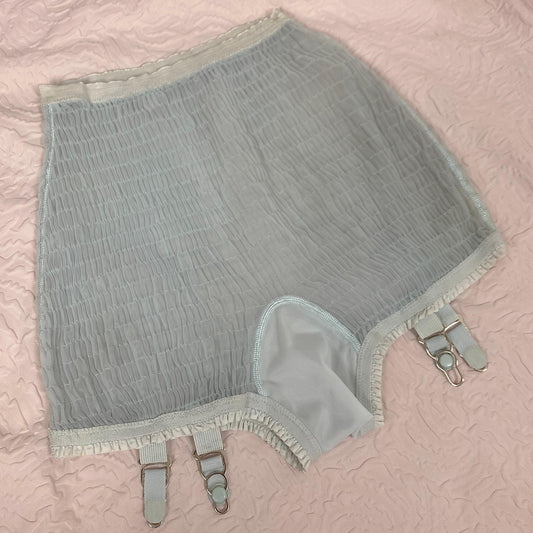 Vintage 1950's Garter Panties | Sheer Baby Blue Nylon Chiffon with Shirring Detail & Detachable Garters | Size S | Pangees by Beau Monde