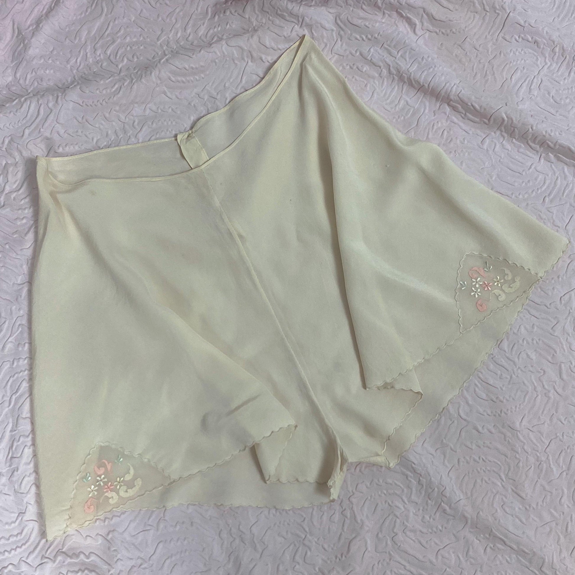 Vintage 1930's Tap Pants | Hand Stitched Semi Sheer Ivory Silk with Blue & Pink Appliques | Size XS