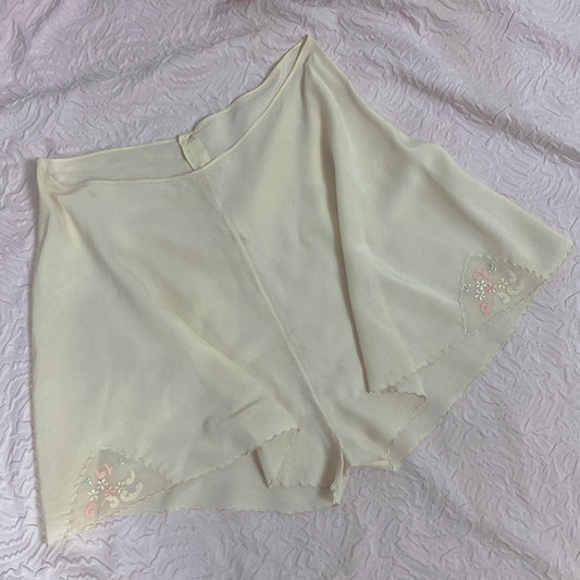 Vintage 1930's Tap Pants | Hand Stitched Semi Sheer Ivory Silk with Blue & Pink Appliques | Size XS