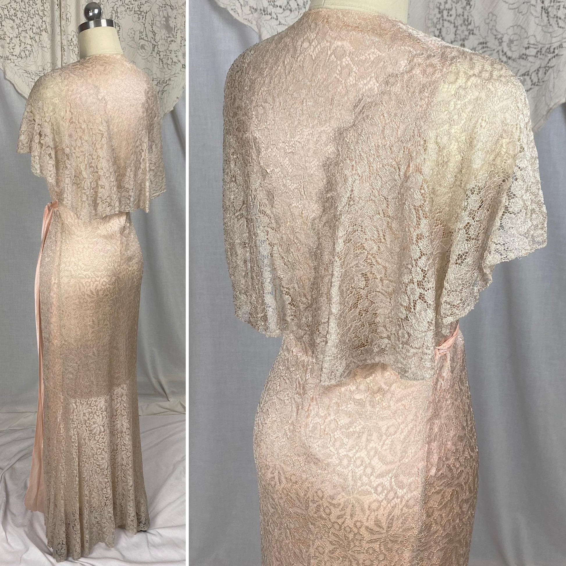 Vintage 1930's Dressing Gown Robe | Pale Bronze Floral Chantilly Lace with Rose Pink Silk Charmeuse Lining | Size XS