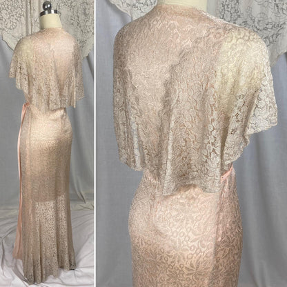 Vintage 1930's Dressing Gown Robe | Pale Bronze Floral Chantilly Lace with Rose Pink Silk Charmeuse Lining | Size XS