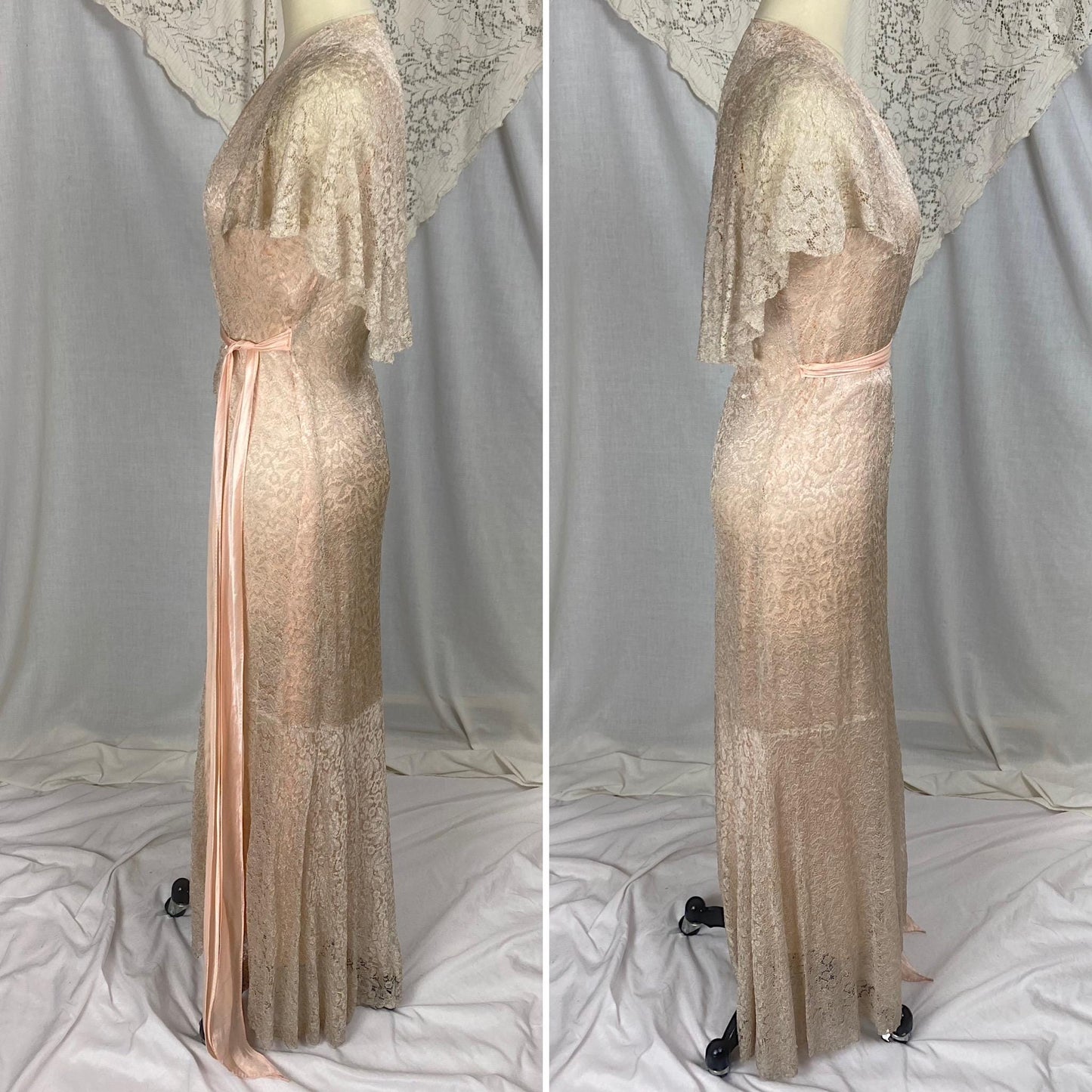 Vintage 1930's Dressing Gown Robe | Pale Bronze Floral Chantilly Lace with Rose Pink Silk Charmeuse Lining | Size XS