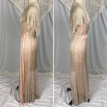 Vintage 1930's Dressing Gown Robe | Pale Bronze Floral Chantilly Lace with Rose Pink Silk Charmeuse Lining | Size XS