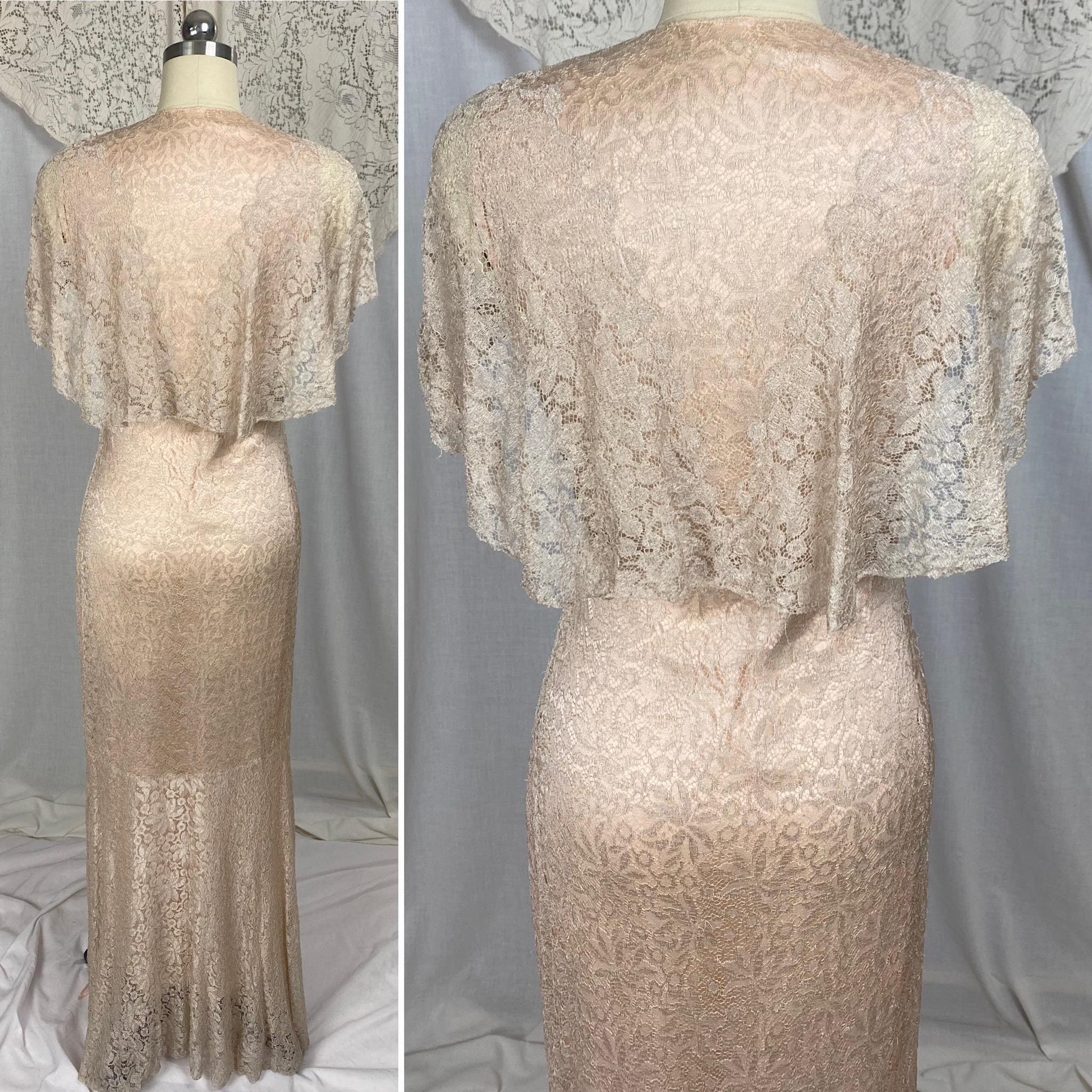 Vintage 1930's Dressing Gown Robe | Pale Bronze Floral Chantilly Lace with Rose Pink Silk Charmeuse Lining | Size XS