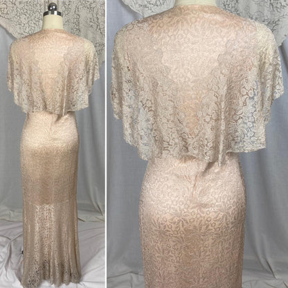 Vintage 1930's Dressing Gown Robe | Pale Bronze Floral Chantilly Lace with Rose Pink Silk Charmeuse Lining | Size XS