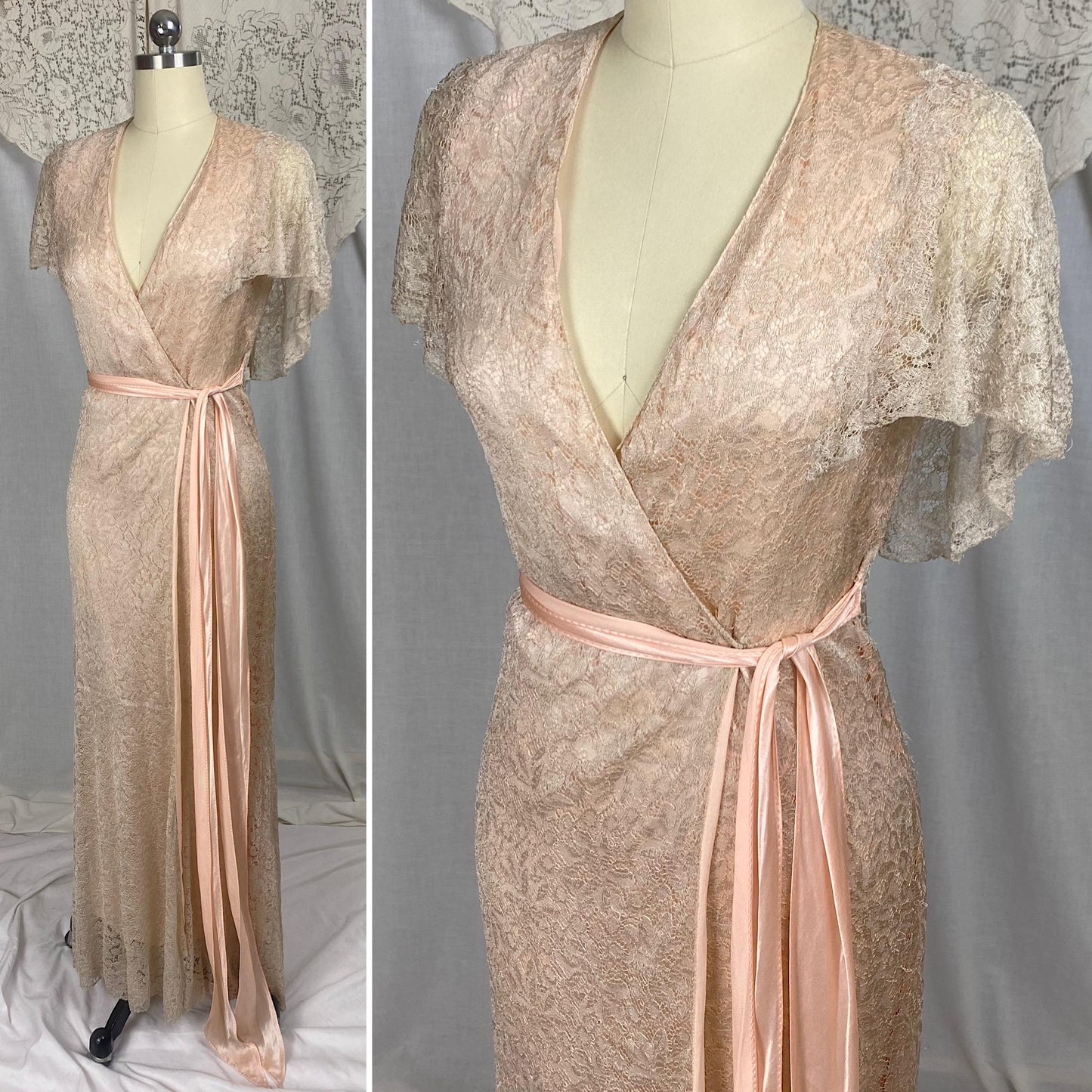 Vintage 1930's Dressing Gown Robe | Pale Bronze Floral Chantilly Lace with Rose Pink Silk Charmeuse Lining | Size XS