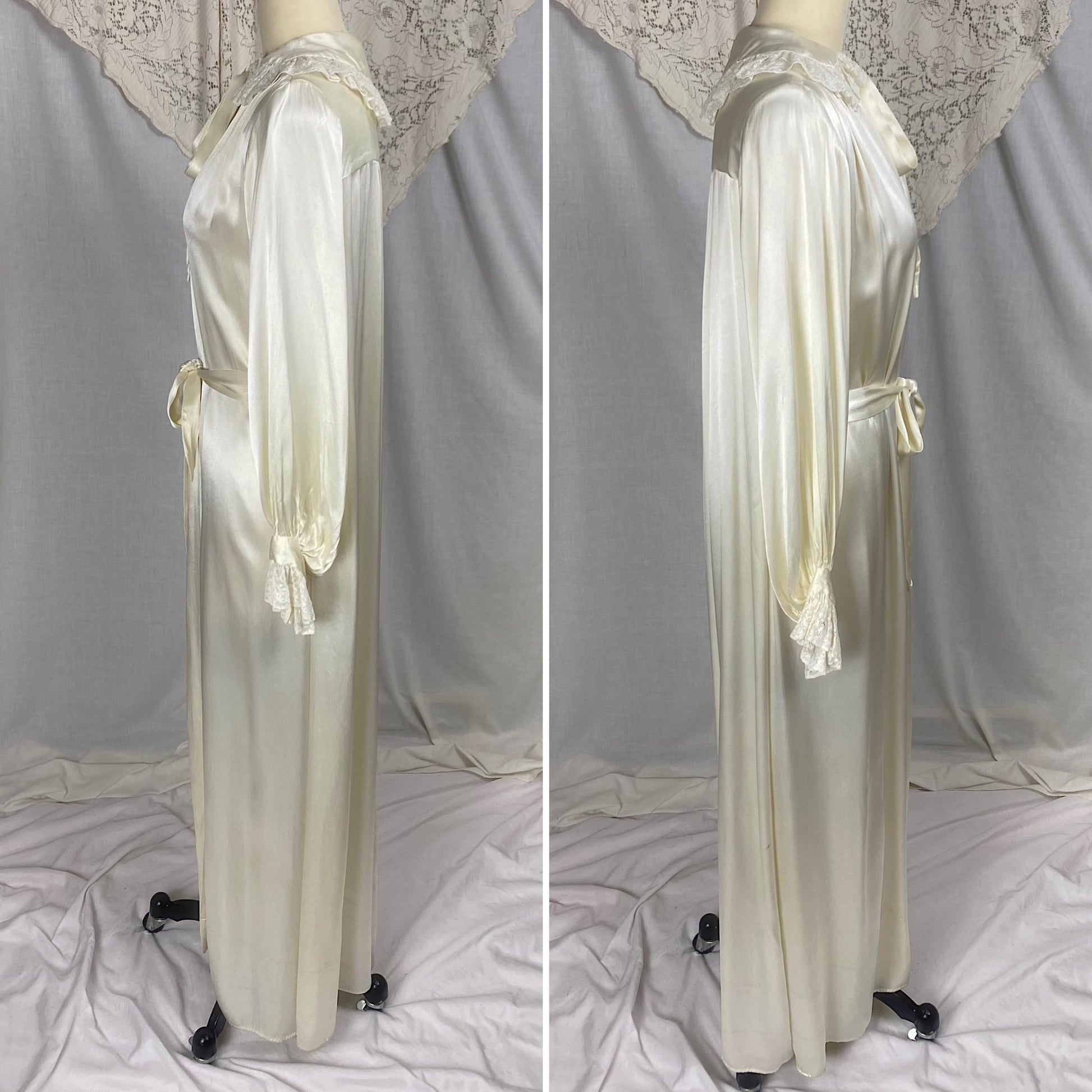 Vintage 1940's Dressing Gown Robe | Pearl White Rayon Satin with Ruffled Cotton Lace & Faux Cape | Size S, M, LG