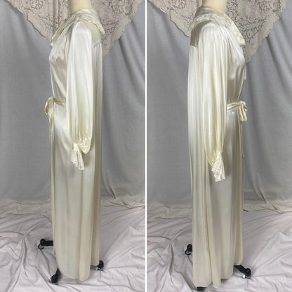 Vintage 1940's Dressing Gown Robe | Pearl White Rayon Satin with Ruffled Cotton Lace & Faux Cape | Size S, M, LG
