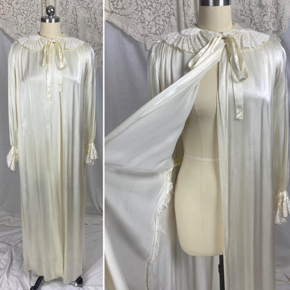 Vintage 1940's Dressing Gown Robe | Pearl White Rayon Satin with Ruffled Cotton Lace & Faux Cape | Size S, M, LG