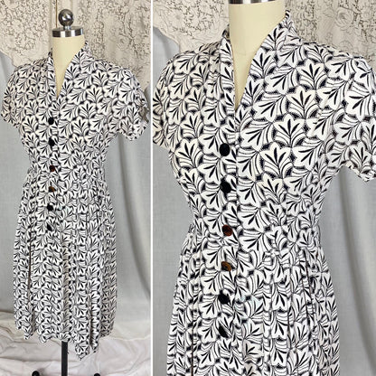 Vintage 1930's Midi Length Dress | Black & White Art Deco Print Rayon Crepe with Velvet Buttons | Size S, M