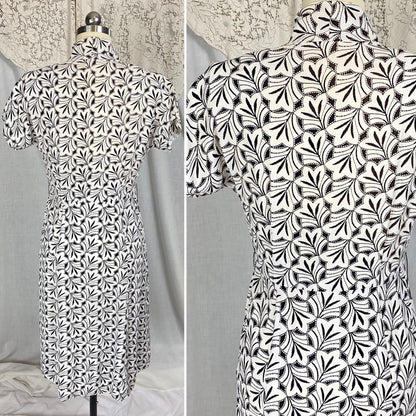 Vintage 1930's Midi Length Dress | Black & White Art Deco Print Rayon Crepe with Velvet Buttons | Size S, M