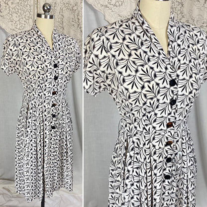 Vintage 1930's Midi Length Dress | Black & White Art Deco Print Rayon Crepe with Velvet Buttons | Size S, M