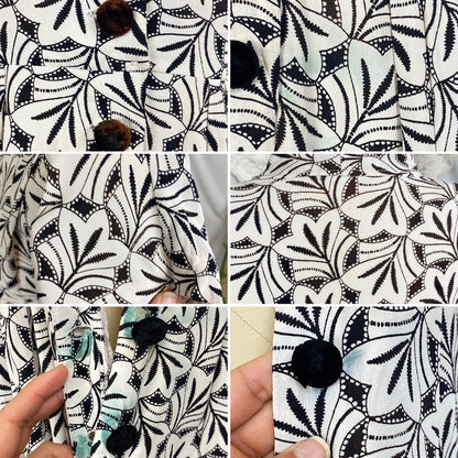 Vintage 1930's Midi Length Dress | Black & White Art Deco Print Rayon Crepe with Velvet Buttons | Size S, M