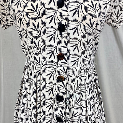 Vintage 1930's Midi Length Dress | Black & White Art Deco Print Rayon Crepe with Velvet Buttons | Size S, M