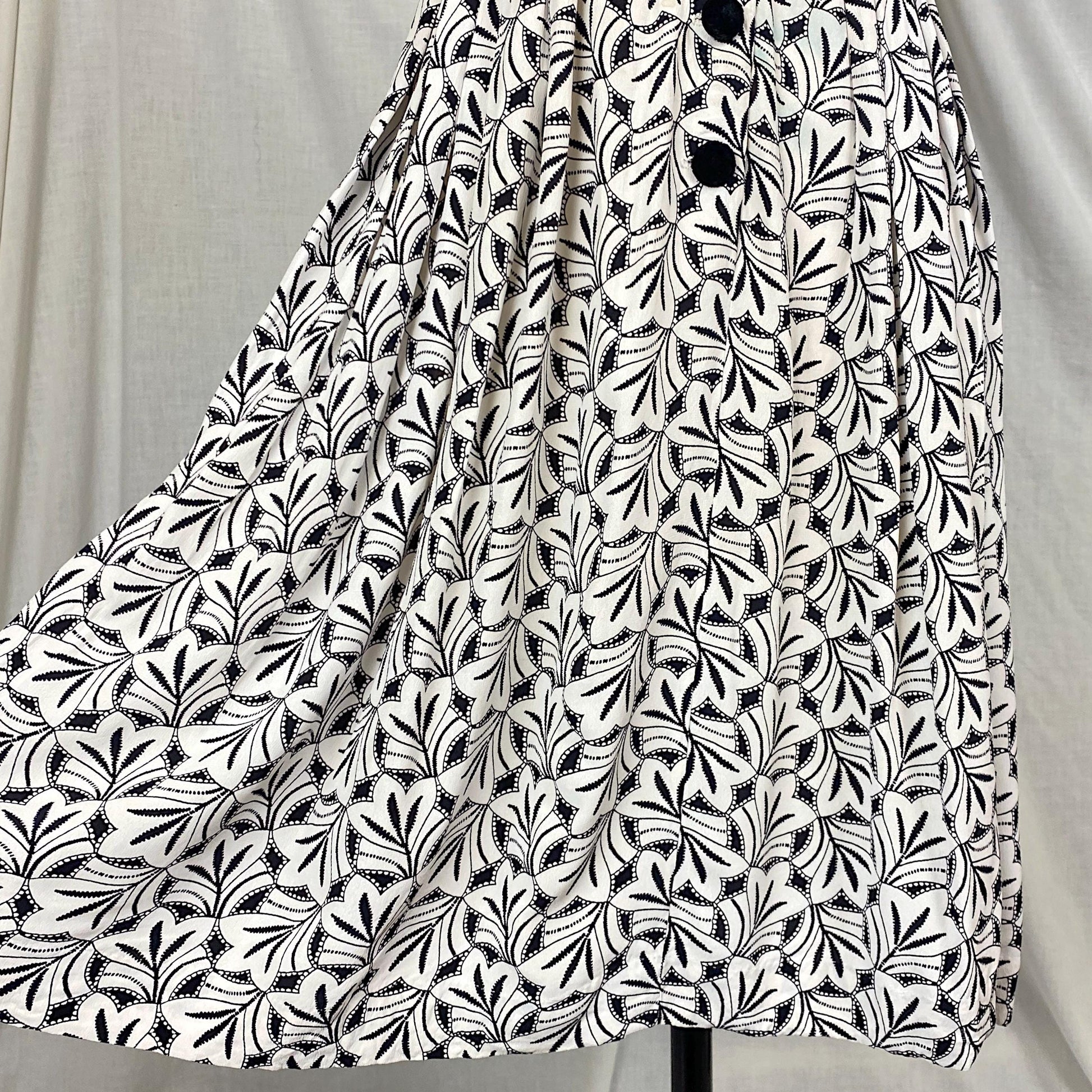 Vintage 1930's Midi Length Dress | Black & White Art Deco Print Rayon Crepe with Velvet Buttons | Size S, M