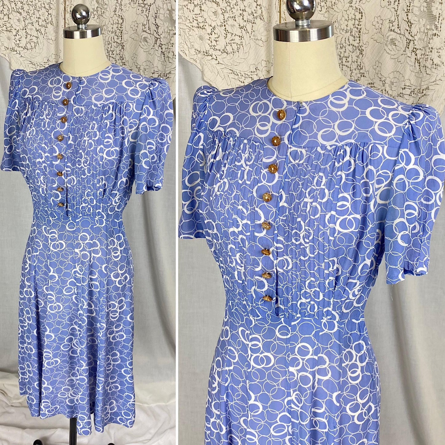 Vintage 1930's Midi Dress | Semi-Sheer Dusty Blue & White Abstract Print Rayon with Celluloid Buttons | Size S, M