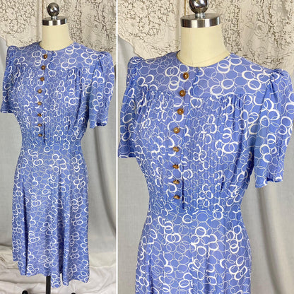 Vintage 1930's Midi Dress | Semi-Sheer Dusty Blue & White Abstract Print Rayon with Celluloid Buttons | Size S, M