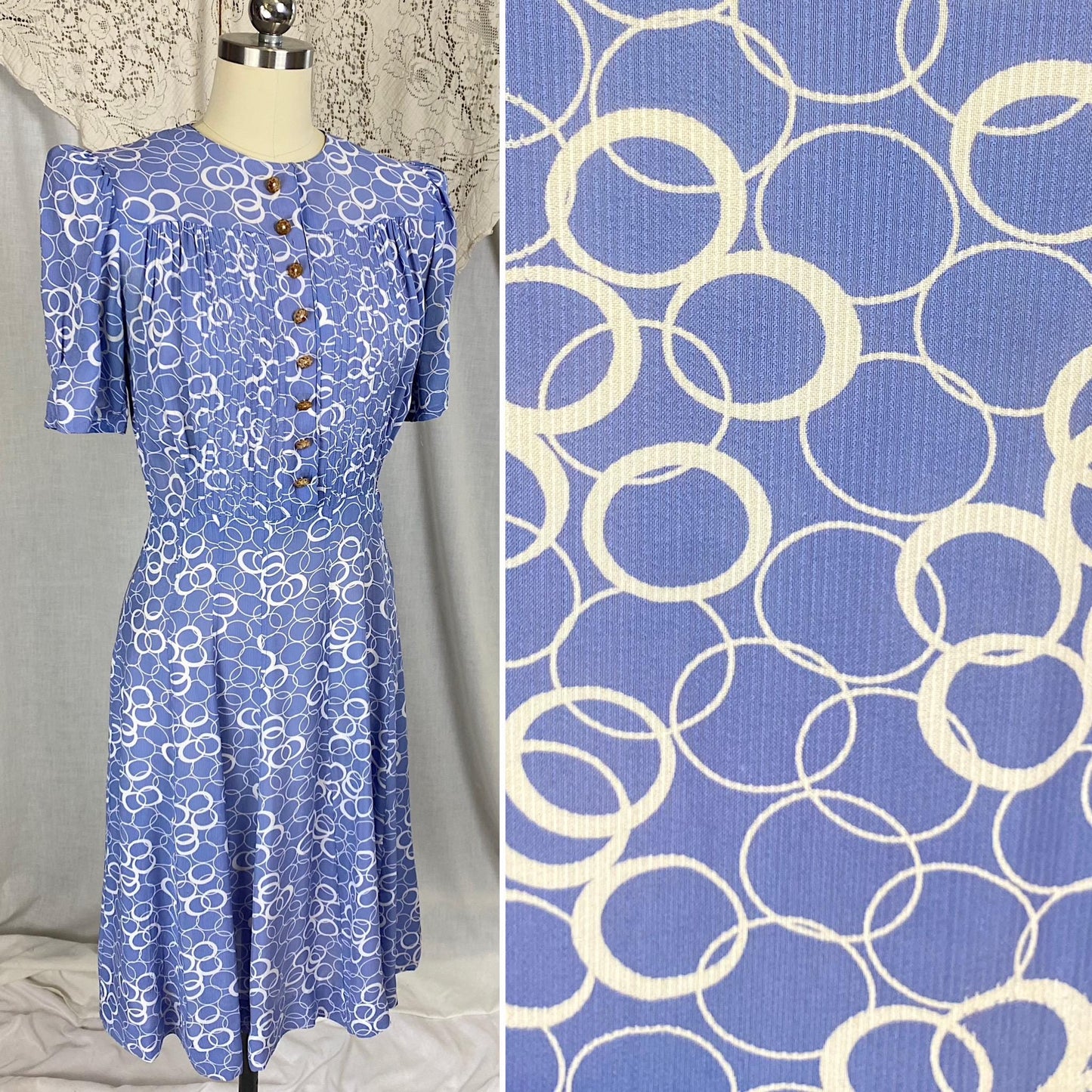 Vintage 1930's Midi Dress | Semi-Sheer Dusty Blue & White Abstract Print Rayon with Celluloid Buttons | Size S, M