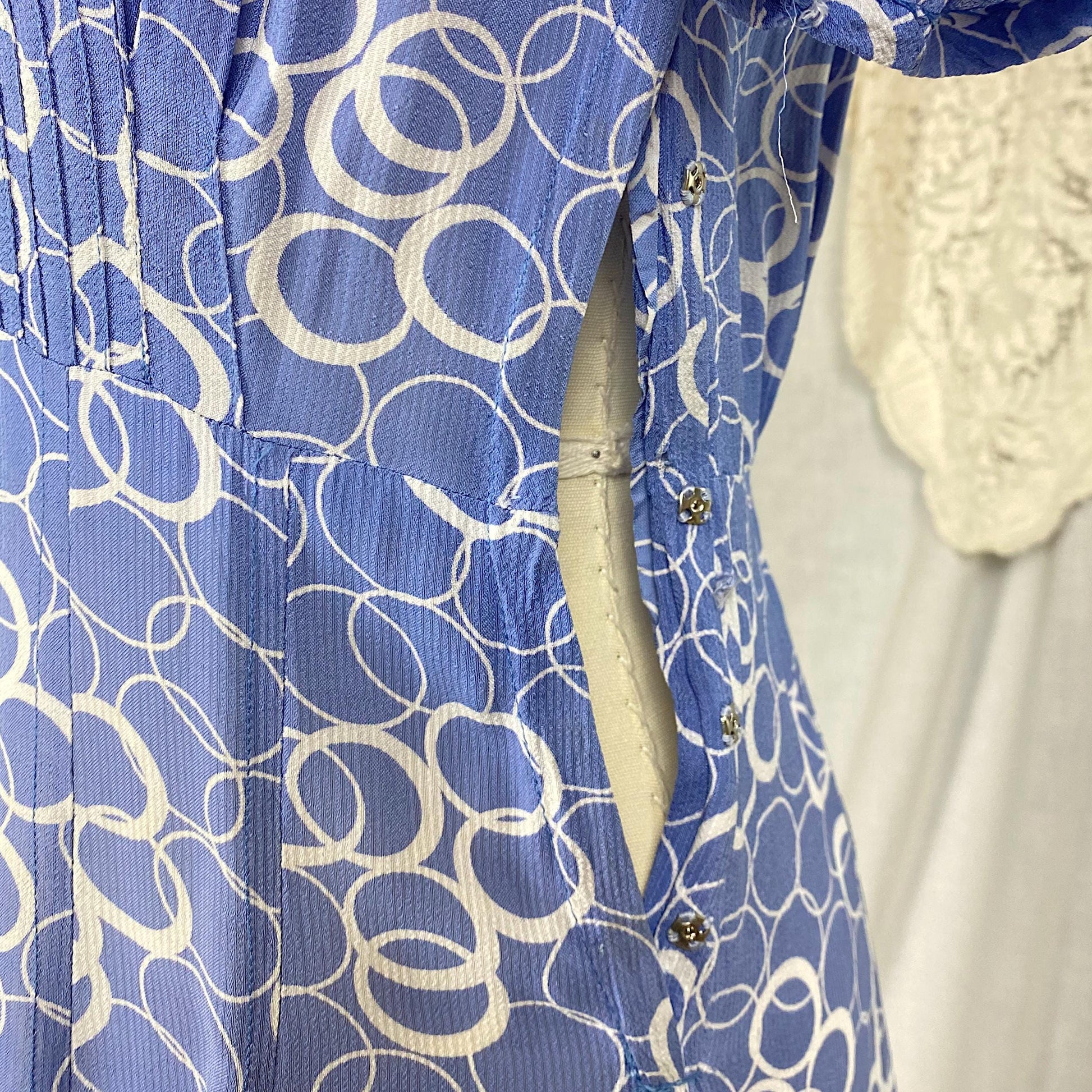 Vintage 1930's Midi Dress | Semi-Sheer Dusty Blue & White Abstract Print Rayon with Celluloid Buttons | Size S, M