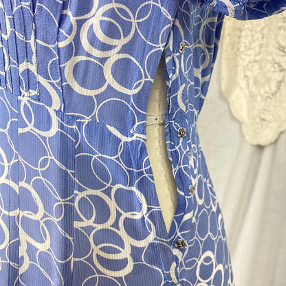 Vintage 1930's Midi Dress | Semi-Sheer Dusty Blue & White Abstract Print Rayon with Celluloid Buttons | Size S, M