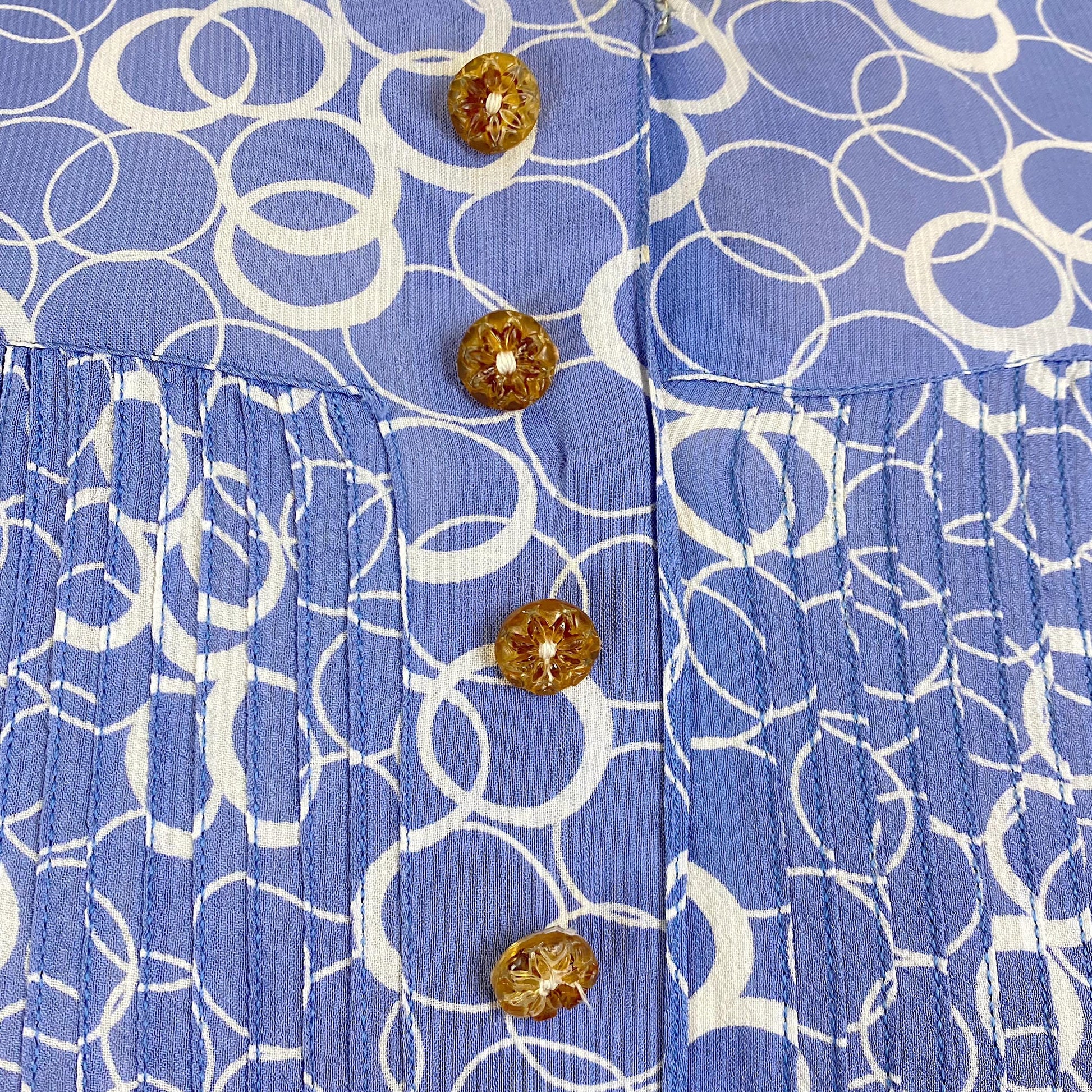 Vintage 1930's Midi Dress | Semi-Sheer Dusty Blue & White Abstract Print Rayon with Celluloid Buttons | Size S, M