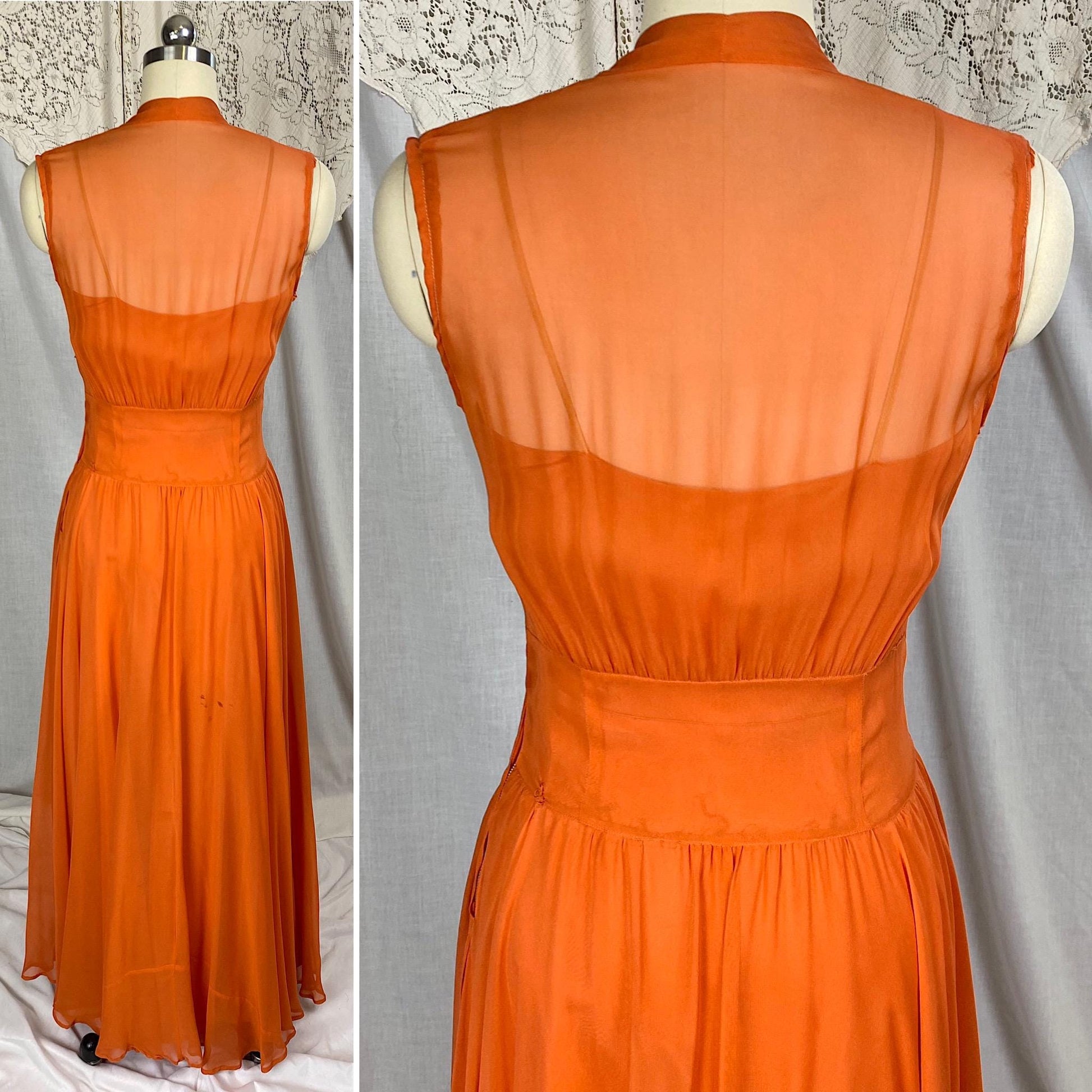 Vintage 1930's - 1940's Maxi Dress | Sheer Burnt Orange Rayon Chiffon with Gathered Bust & Matching Rayon Taffeta Slip | Size S
