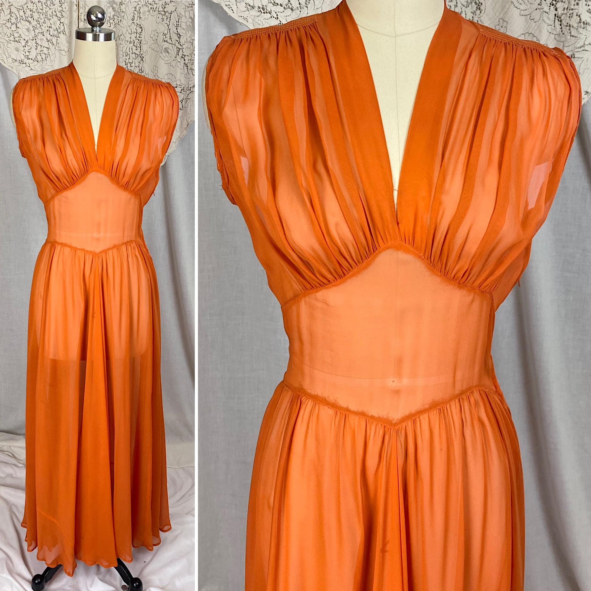 Vintage 1930's - 1940's Maxi Dress | Sheer Burnt Orange Rayon Chiffon with Gathered Bust & Matching Rayon Taffeta Slip | Size S