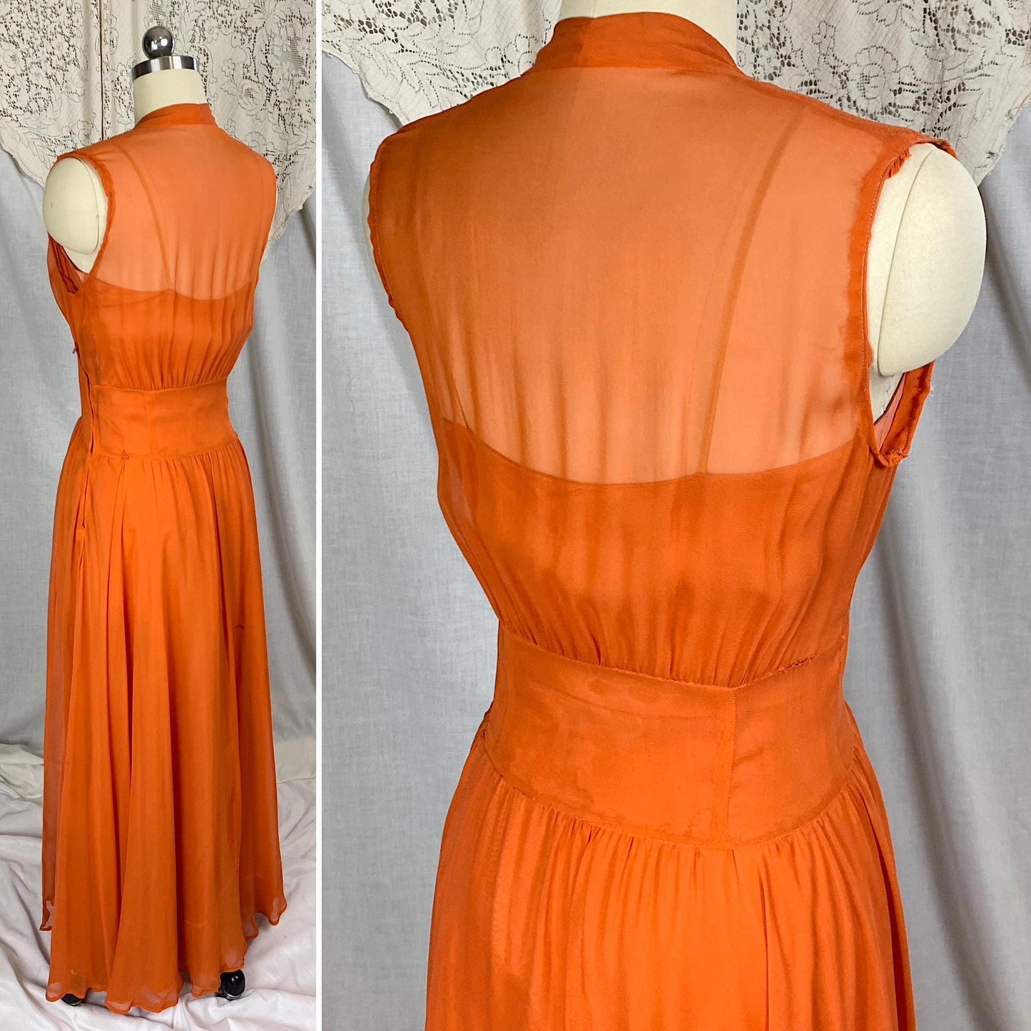 Vintage 1930's - 1940's Maxi Dress | Sheer Burnt Orange Rayon Chiffon with Gathered Bust & Matching Rayon Taffeta Slip | Size S