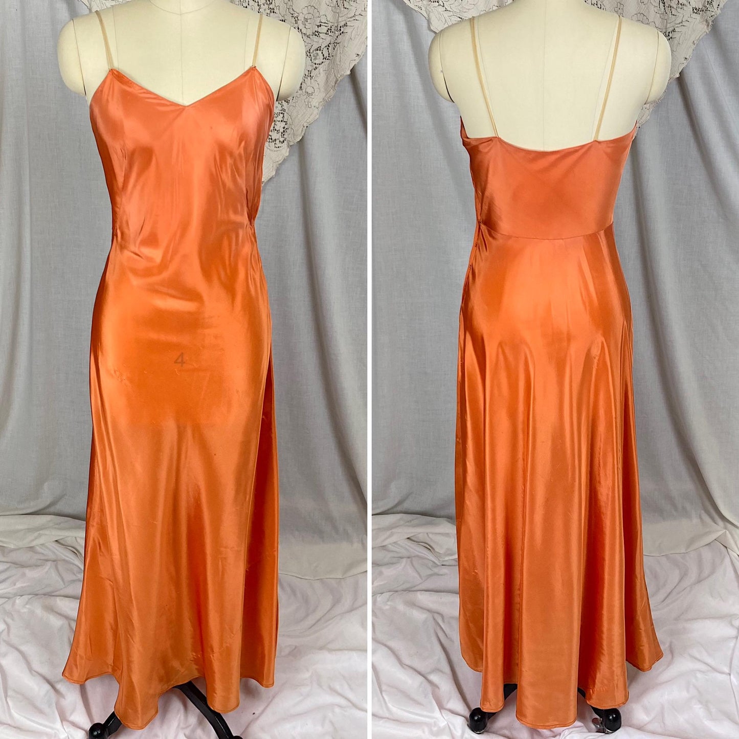 Vintage 1930's - 1940's Maxi Dress | Sheer Burnt Orange Rayon Chiffon with Gathered Bust & Matching Rayon Taffeta Slip | Size S