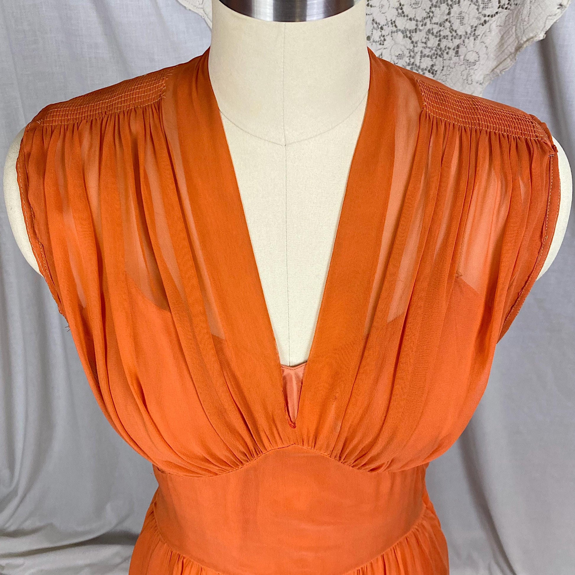 Vintage 1930's - 1940's Maxi Dress | Sheer Burnt Orange Rayon Chiffon with Gathered Bust & Matching Rayon Taffeta Slip | Size S