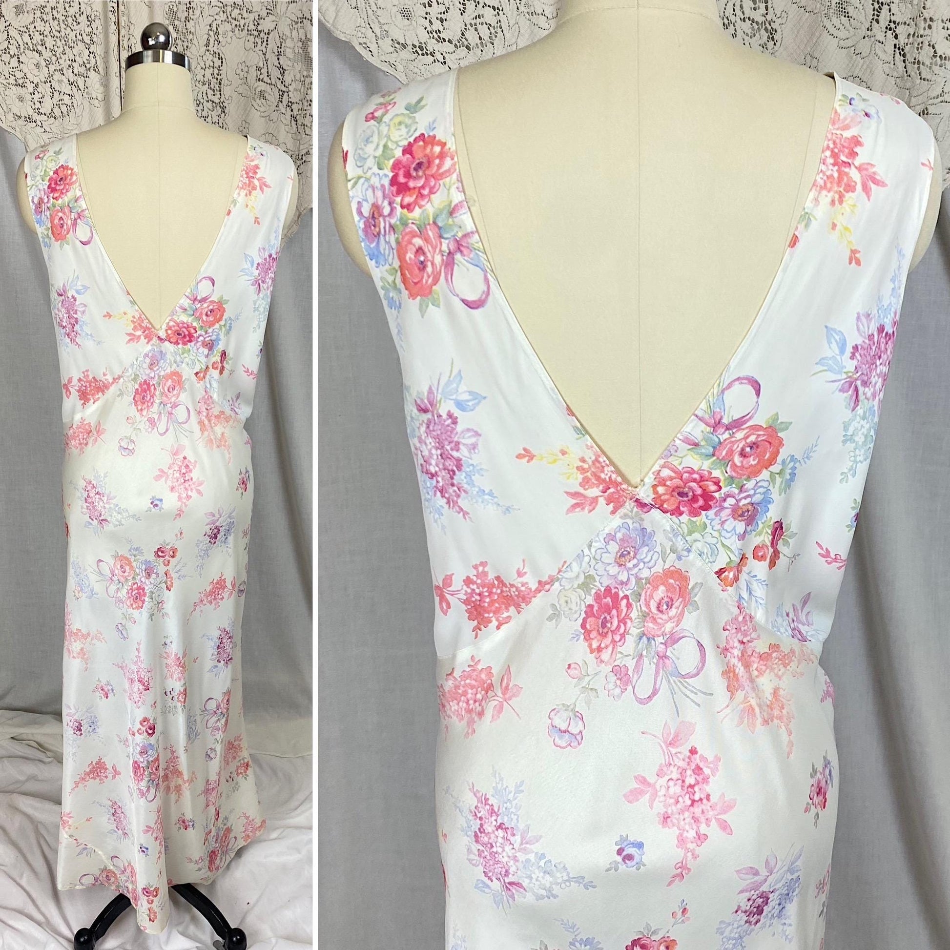 Vintage 1940's Nightgown | Semi Sheer White Rayon with Bold Floral Print | Size 2XL